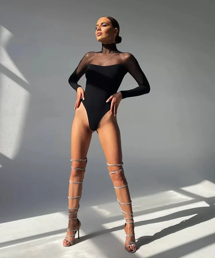 Sexy Mesh Bodysuits Long Sleeve