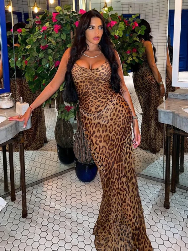 Leopard Print V-Neck Bodycon Long Dress