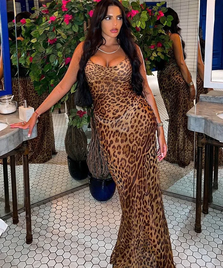 Leopard Print V-Neck Bodycon Long Dress