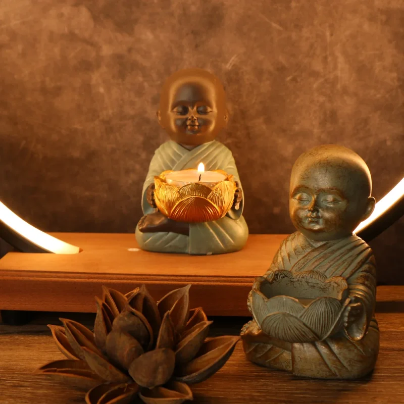 Small Zen Buddha small statue candlestick decorative lamp antique porch bedroom home little monk - Image 4
